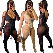 2021 Summer hot selling high quality casual fashion design women clothing trendy sexy mesh solid pants and shirts two piece set